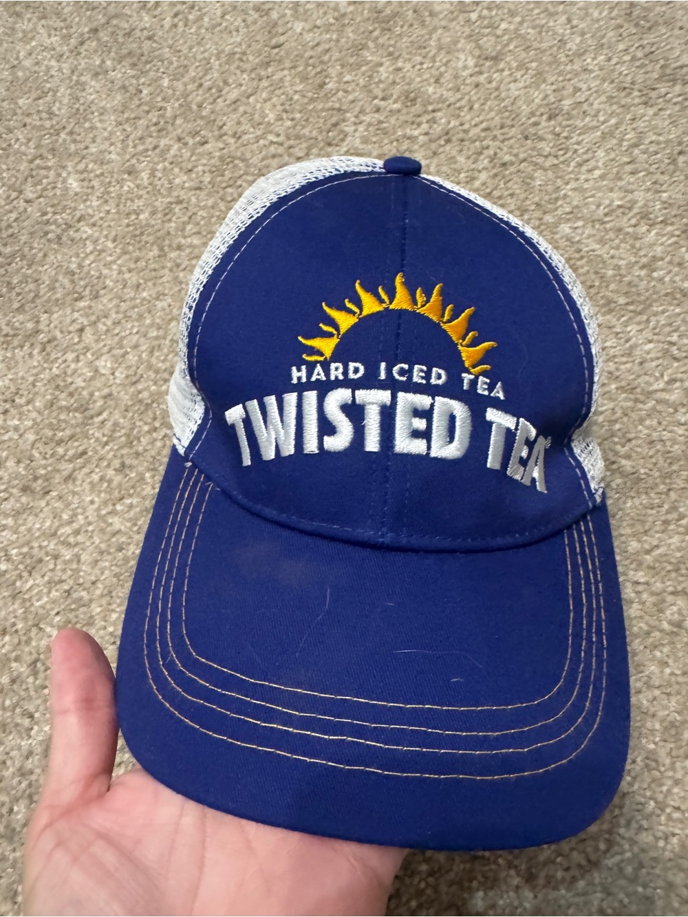 Twisted Blue and White Twill Trucker Hat with Yellow Sun